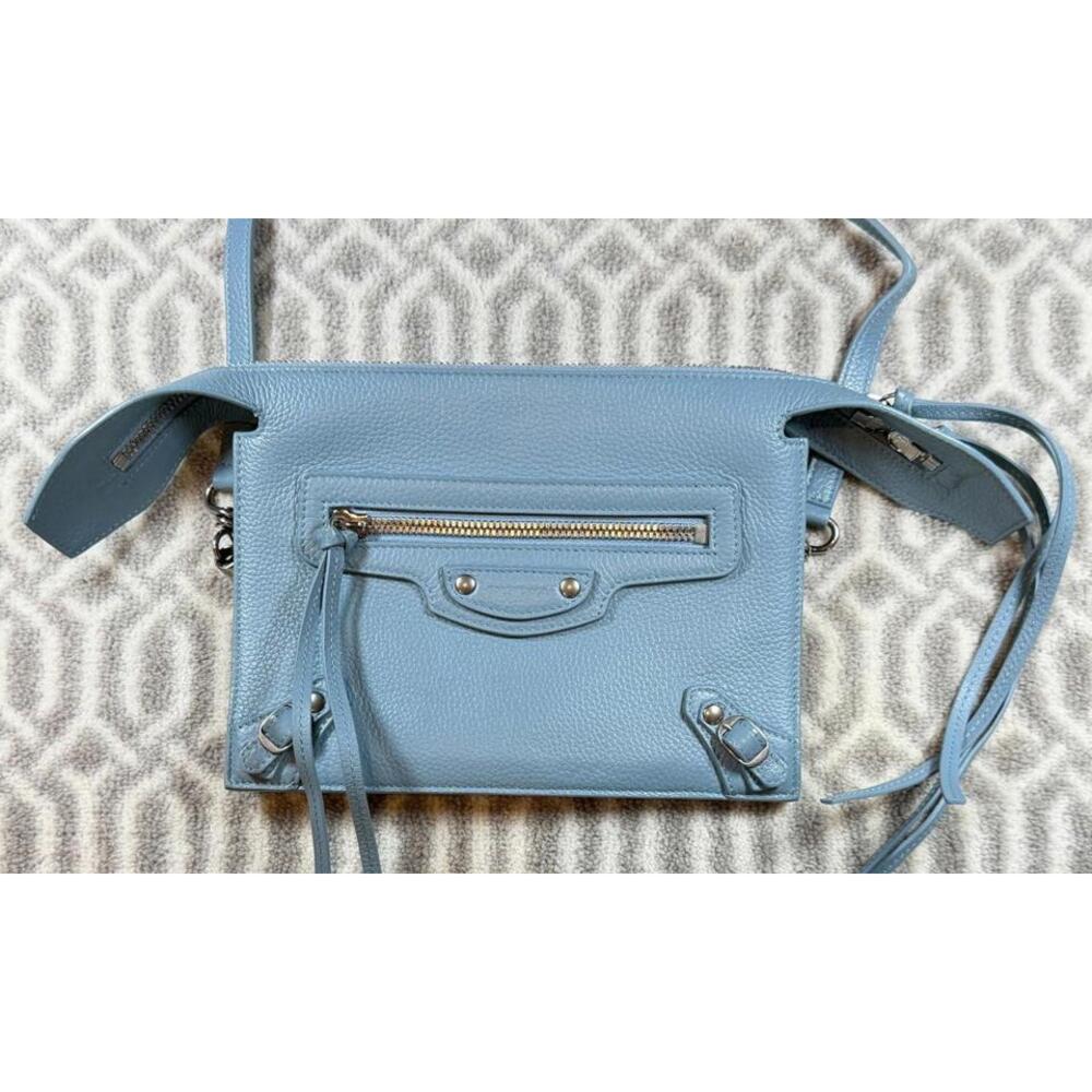 BALENCIAGA Blue Grey Pebbled Leather Neo Classic City Crossbody Clutch Bag - Picture 4 of 13